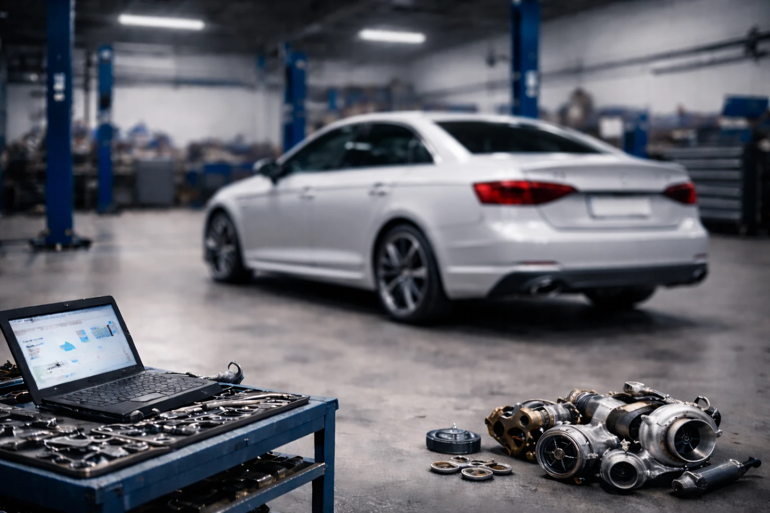 Motor- und Turboladerprüfung in der Werkstatt mit Diagnosetool und ausgebauten Motorkomponenten