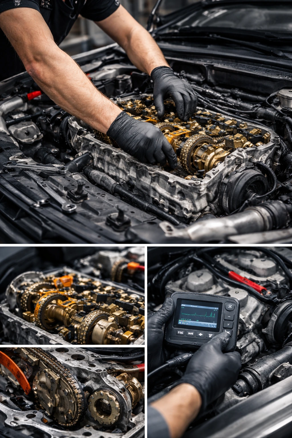 Motorinstandsetzung mit Arbeiten am Steuertrieb, Nockenwellenmontage und elektronischer Diagnose an einem Fahrzeugmotor