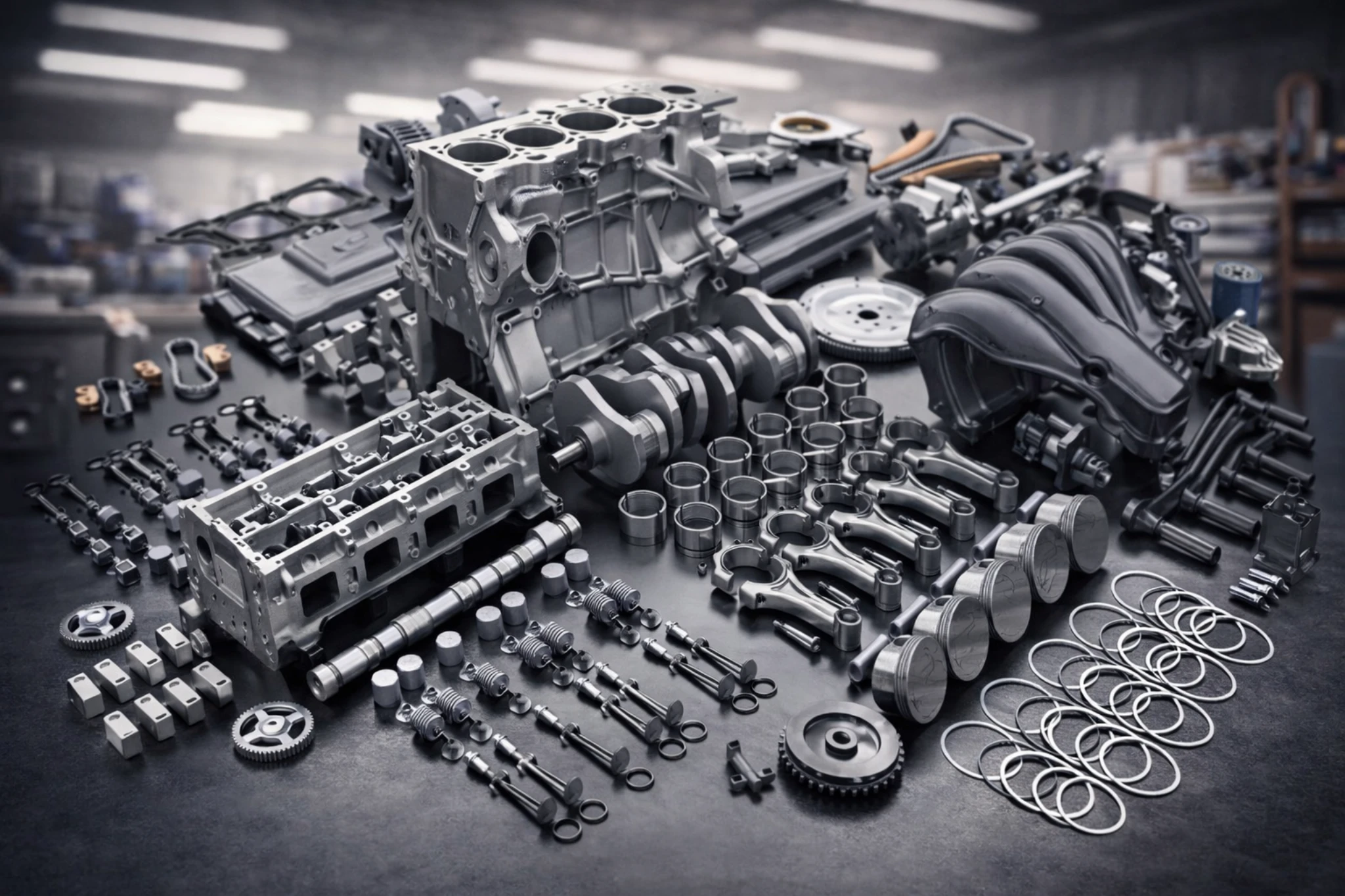 Einzelne Motorbauteile und Komponenten für die fachgerechte Motorinstandsetzung übersichtlich vorbereitet