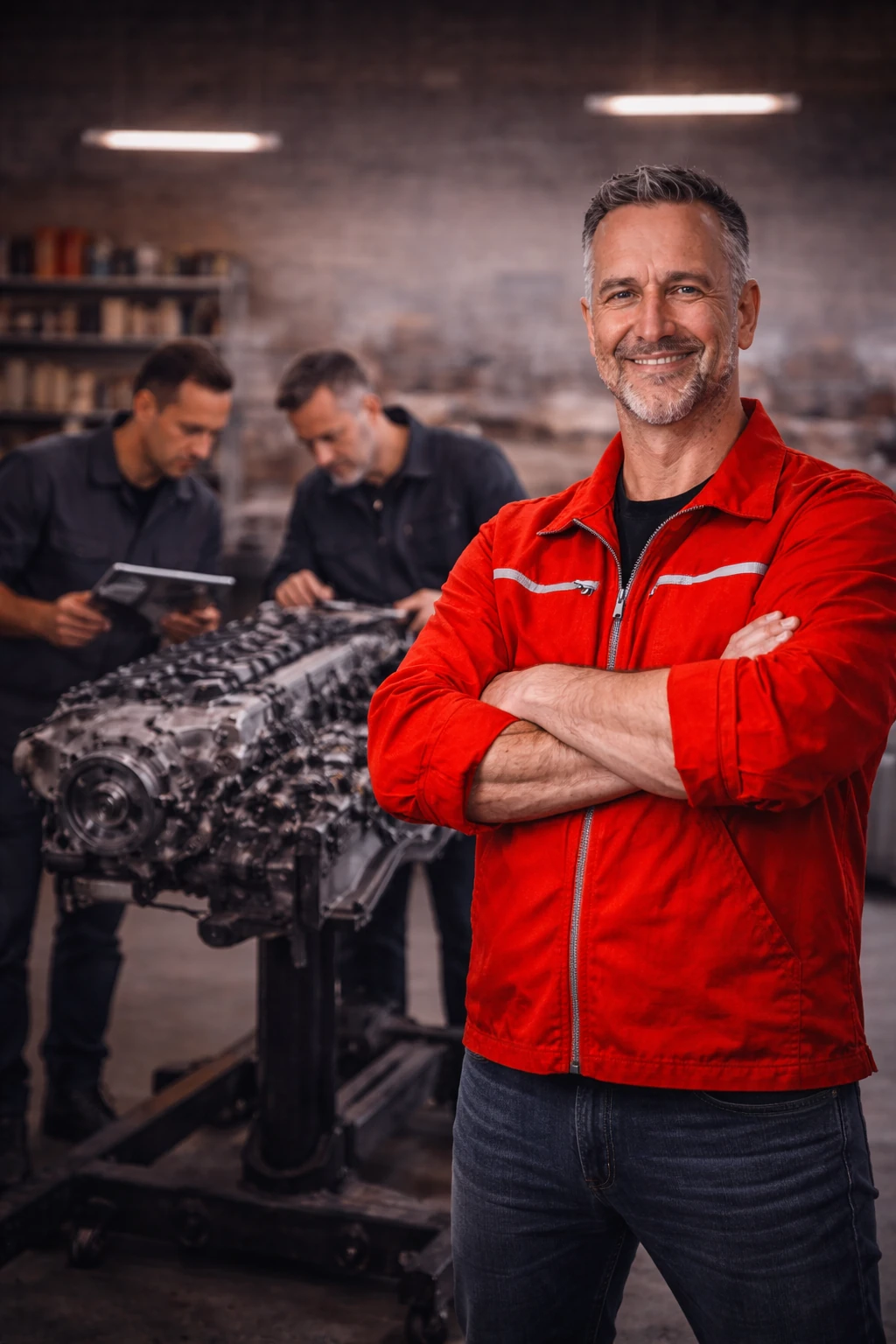 Erfahrener Motoreninstandsetzer mit Team bei der professionellen Motorüberholung in der Werkstatt