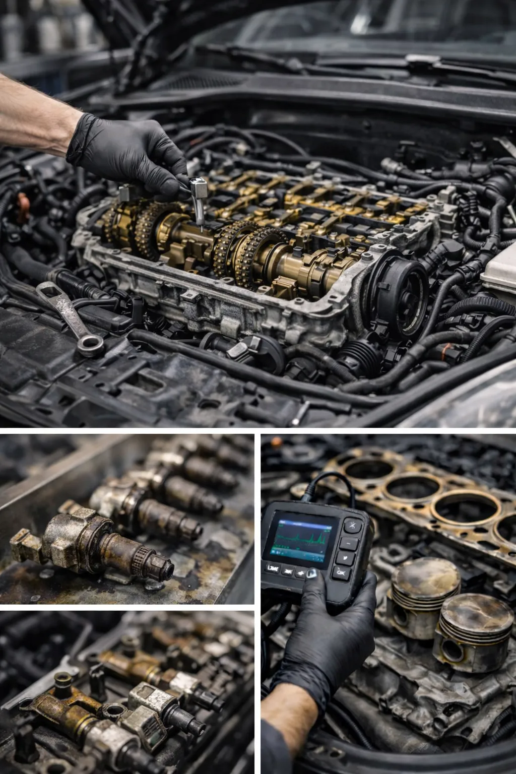 Motorinstandsetzung mit Nockenwellenprüfung, Injektoren-Begutachtung, Kolbenzustand und elektronischer Motordiagnose in der Werkstatt
