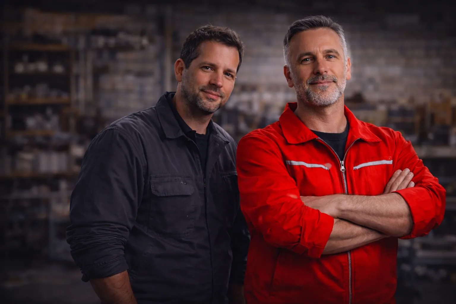 Zwei erfahrene Motorenbauer im Meisterbetrieb: Präsenz, Routine, kein Marketing-Theater. Genau das Signal, das Vertrauen schafft – Kompetenz aus der Werkstatt, nicht aus der Werbeagentur.