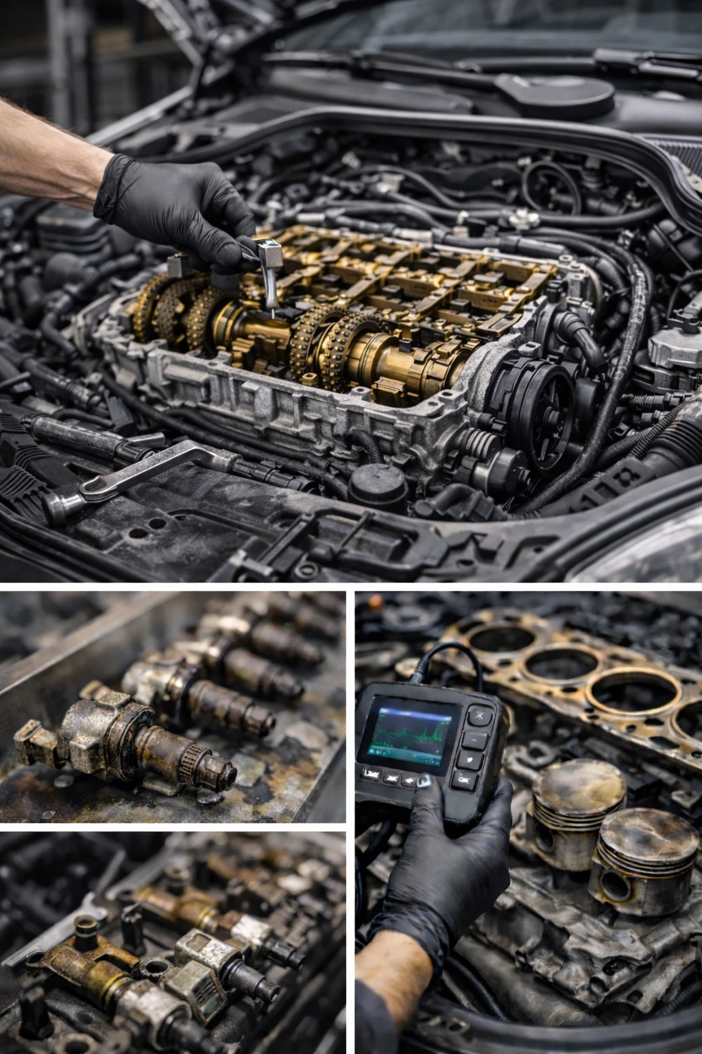 Motorinstandsetzung mit geöffnetem Zylinderkopf, Nockenwellen, Injektoren und Kolben bei laufender Diagnose in der Fachwerkstatt