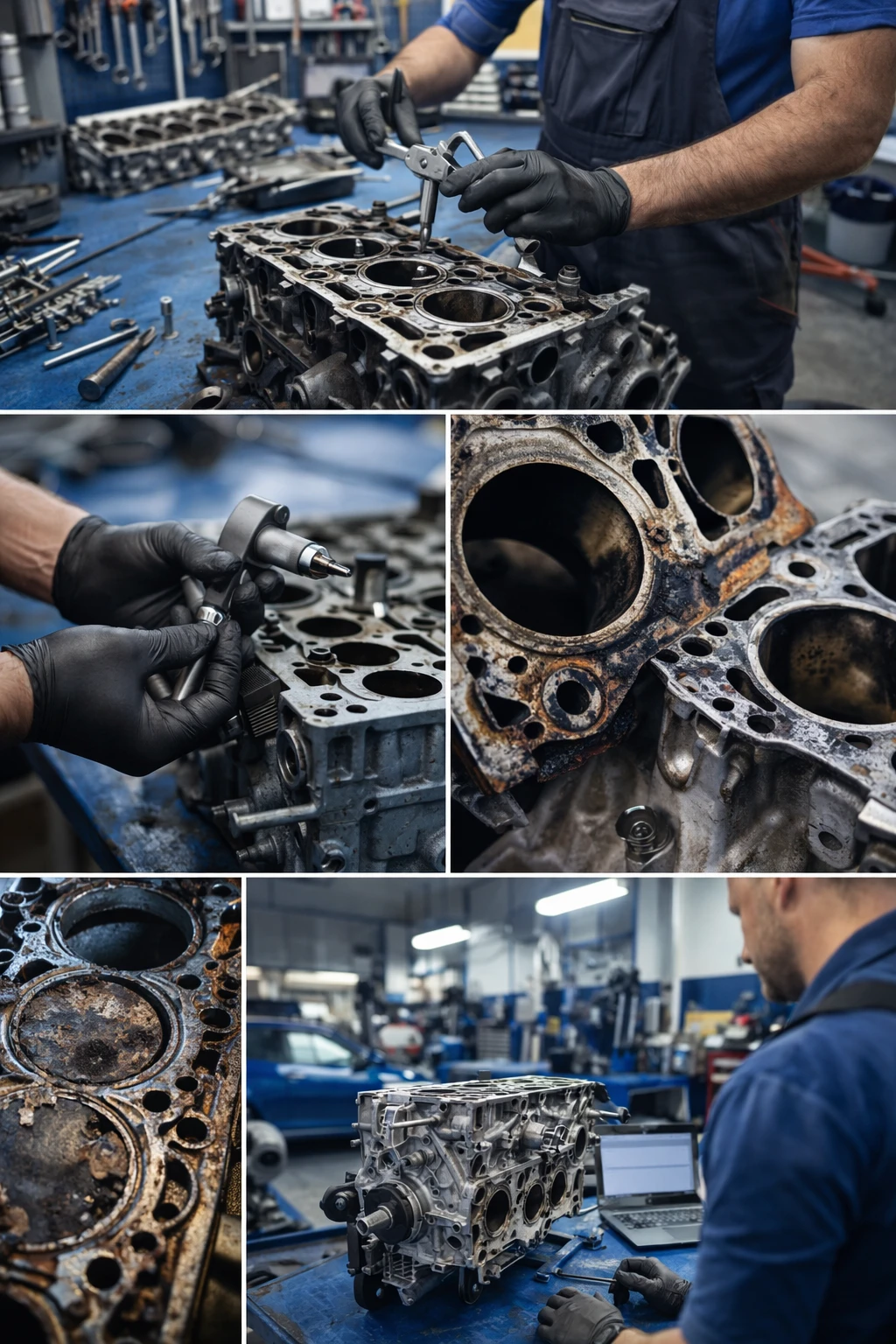 Präzise Prüfung und Instandsetzung eines Motorblocks: Vermessung der Zylinder, Schadensbilder durch Verschleiß und Korrosion, fachgerechte Aufbereitung in der Werkstatt.