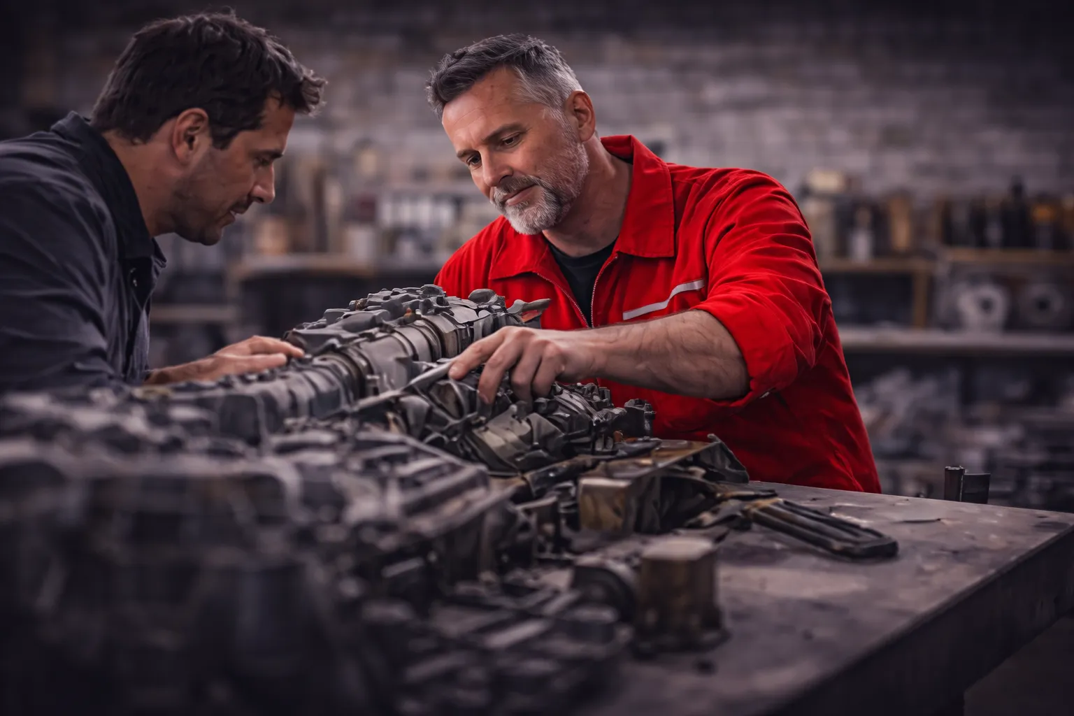 Gemeinsame Diagnose und fachgerechte Motorarbeit durch erfahrene Mechaniker in der Motorinstandsetzung.