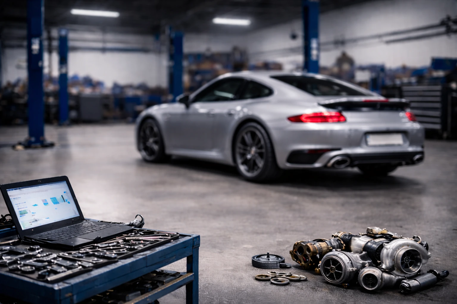 Fahrzeugdiagnose in der Werkstatt mit ausgebautem Turbolader und Messwerkzeug, Sportwagen im Hintergrund