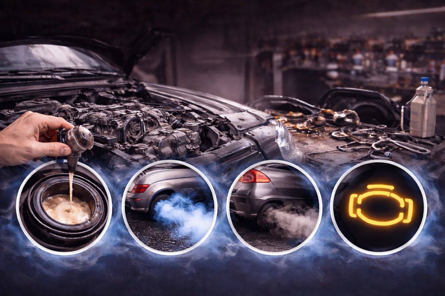 Typische Anzeichen für einen Motorschaden wie Öl im Kühlwasser, Rauchentwicklung, Leistungsverlust und Motorkontrollleuchte.