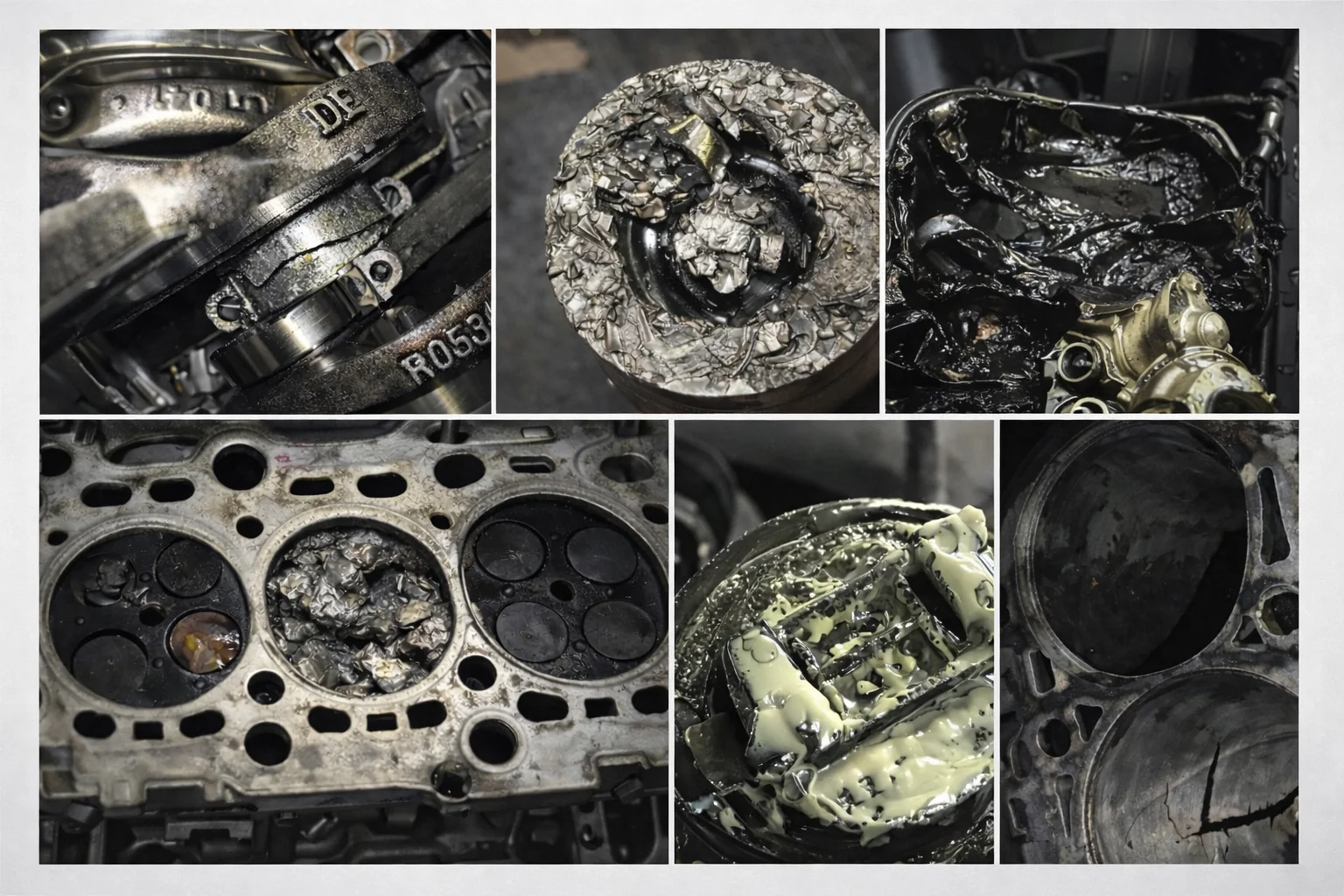 Schwerer Motorschaden mit zerstörten Kolben, Ventilen und massiven Schäden im Motorinneren.