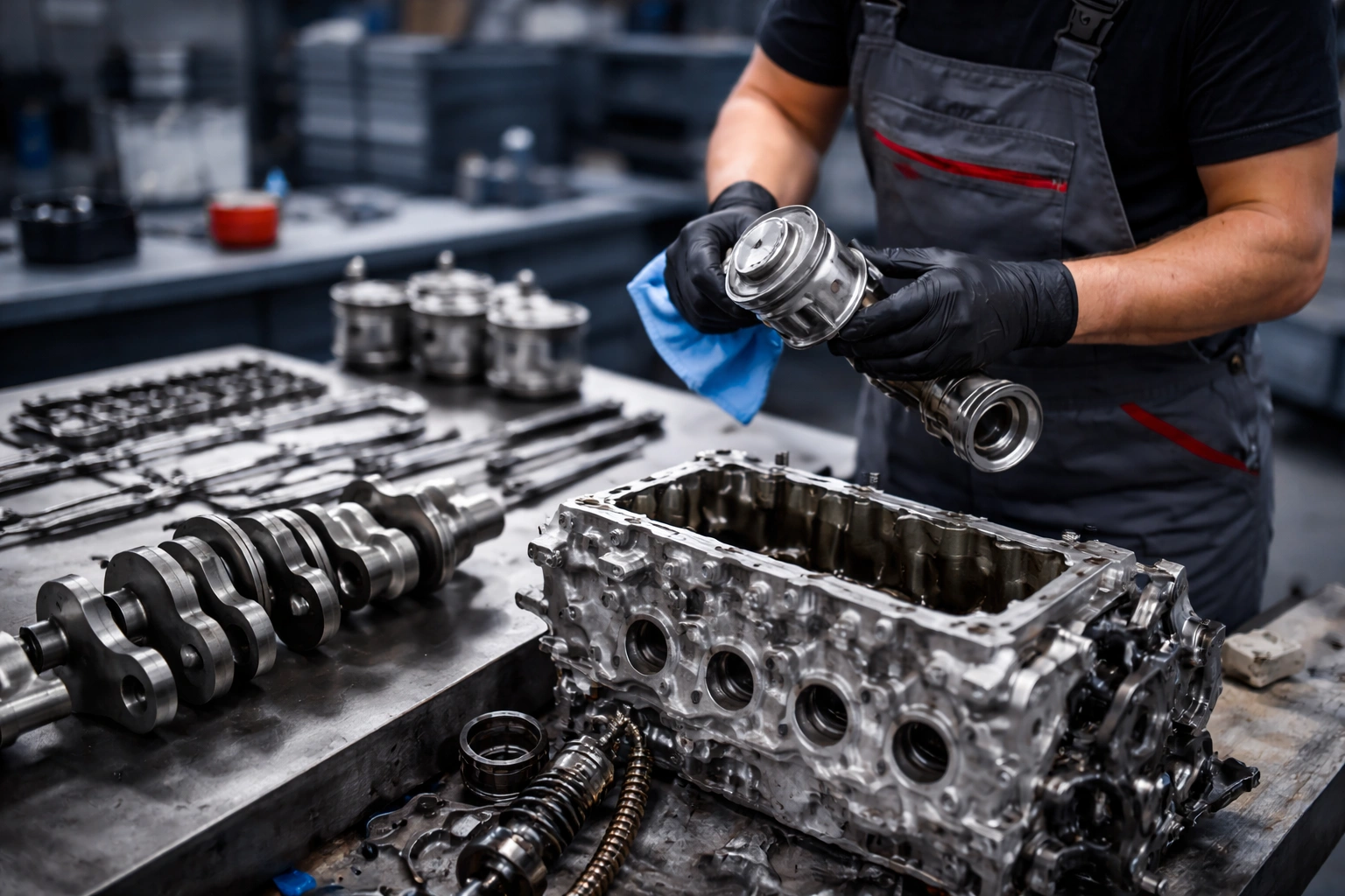 Motorüberholung mit ausgebautem Zylinderkopf, Kurbelwelle und präziser Montage einzelner Motorkomponenten.