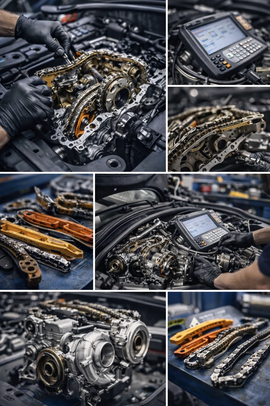 Diagnose und Steuerkettenwechsel mit ausgebauten Steuerketten, Kettenspannern und elektronischer Prüfung im Motorraum.
