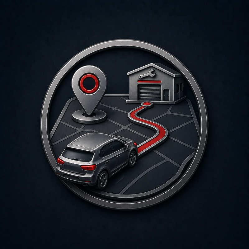 Icon mit Auto, Streckenverlauf, Standortmarkierung und Werkstatt als Symbol für die Anfahrt nach Werther zu DSM Motorinstandsetzung.