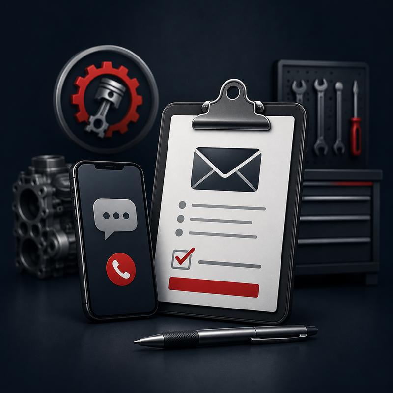 Smartphone und Anfrageformular als Symbol für die erste Kontaktaufnahme zur Motorinstandsetzung.