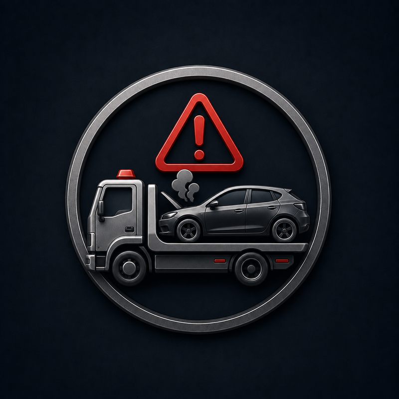 Icon mit Abschleppfahrzeug, defektem Auto und Warnsymbol als Hinweis auf ein nicht fahrbereites Fahrzeug.