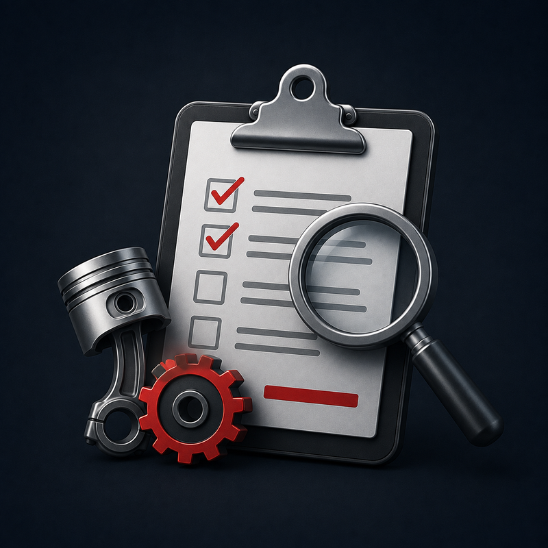 Checkliste, Lupe, Kolben und Zahnrad zur Prüfung von Fahrzeugdaten und Schadensangaben.
