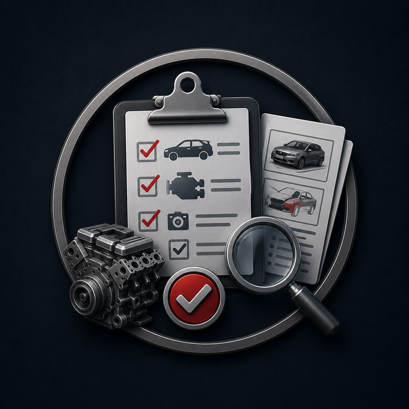 Icon mit Checkliste, Fahrzeugdaten, Motor, Schadenfoto und Lupe als Symbol für wichtige Angaben zur Anfragebearbeitung.