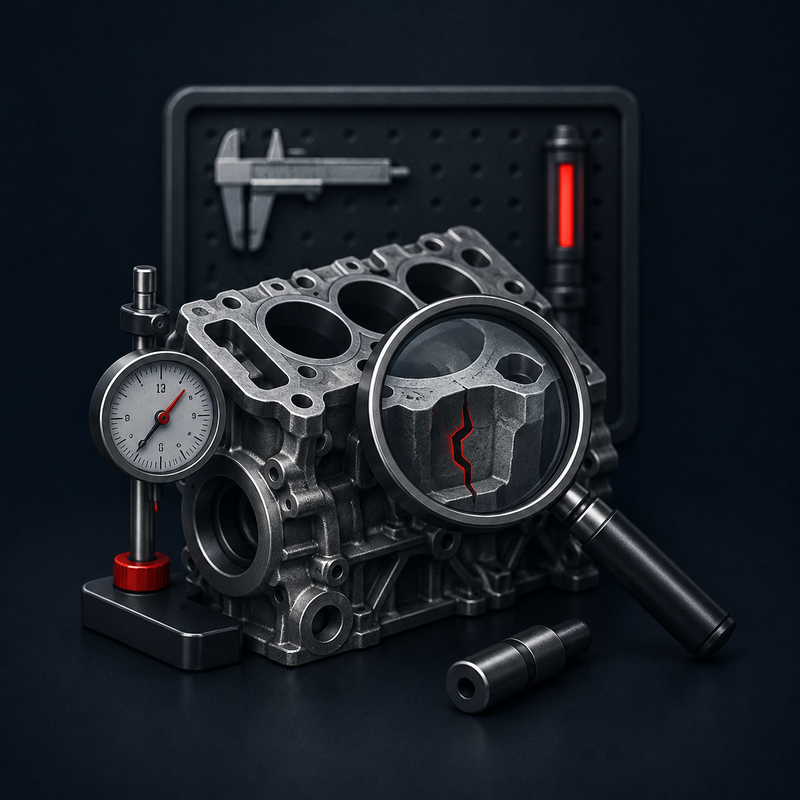 Motorblock mit Lupe und Messuhr zur Diagnose und Prüfung eines Motorschadens.