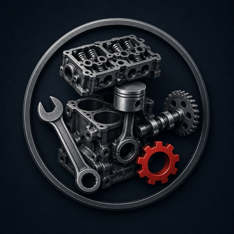 Motorblock, Zylinderkopf, Kolben, Nockenwelle und Werkzeug während der Motorinstandsetzung.