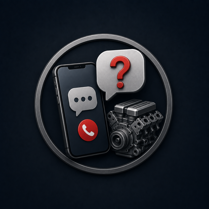 Icon mit Smartphone, Sprechblasen und Motor als Symbol für Rückfragen oder eine erste fachliche Einschätzung.