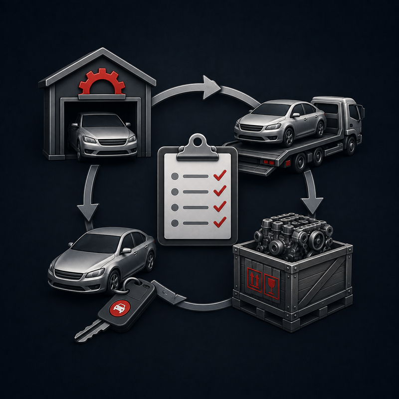 Icon mit Werkstatt, Transportfahrzeug, Auto, Motorversand und Checkliste als Symbol für das weitere Vorgehen je nach Fall.