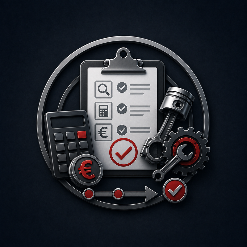 Icon mit Checkliste, Taschenrechner, Euro-Symbol, Motorbauteilen und Häkchen als Symbol für Diagnose, Kostenaufstellung und Freigabe vor Reparaturbeginn.