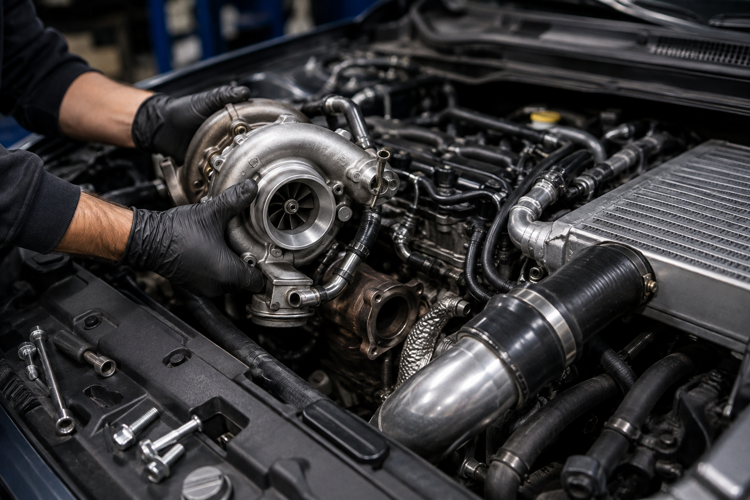 Mechaniker setzt einen Turbolader in den Motorraum eines Fahrzeugs ein und prüft die angeschlossenen Leitungen und Bauteile.