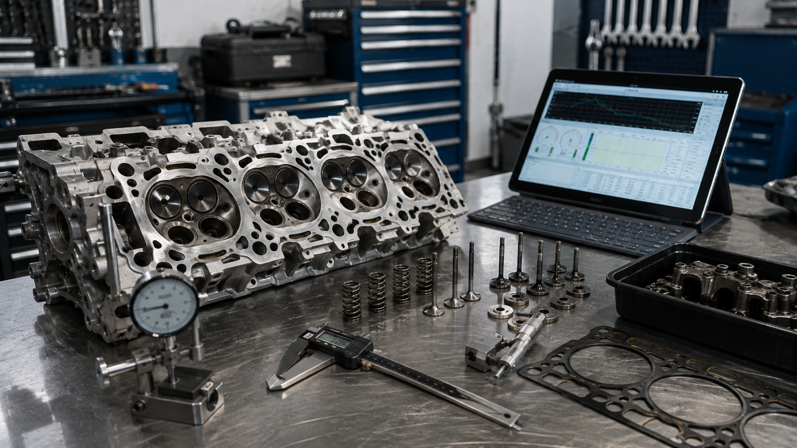 Ausgebauter Zylinderkopf auf einer Werkbank mit Messuhr, Messwerkzeugen, Ventilen und Laptop zur Motordiagnose in einer Kfz-Werkstatt