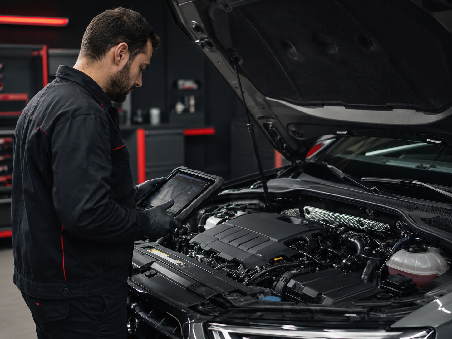 Kfz-Mechatroniker prüft einen Audi-Motor im Motorraum mit einem Diagnosegerät in einer modernen Werkstatt.