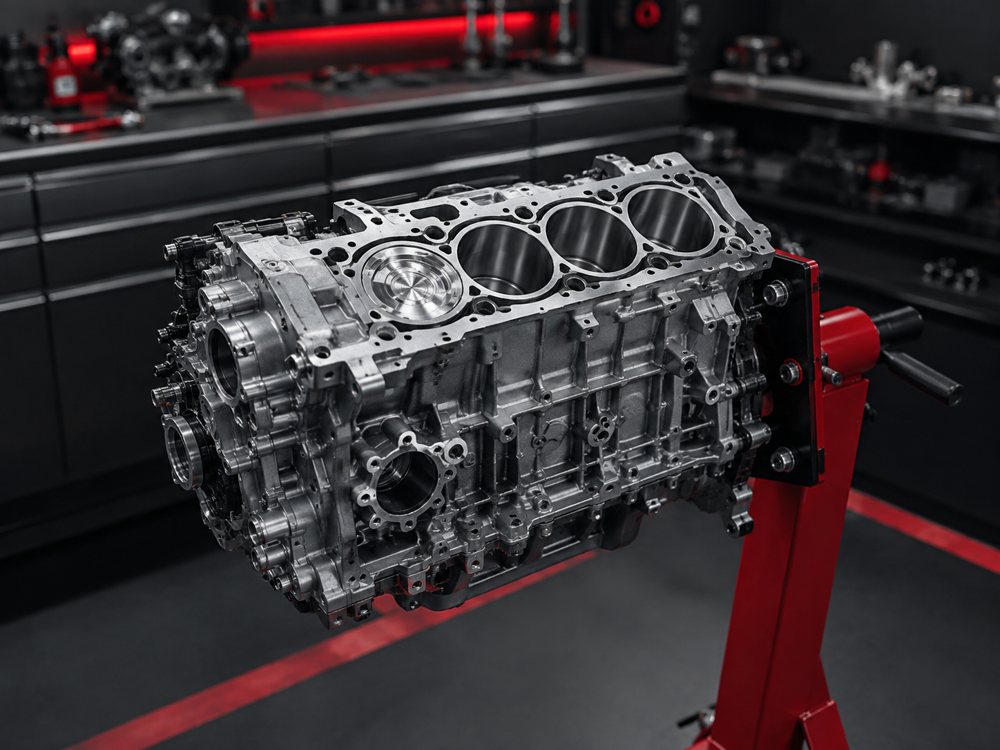 Audi-Motorblock mit sichtbaren Zylindern und Kolben auf einem roten Montageständer in einer professionellen Kfz-Werkstatt.