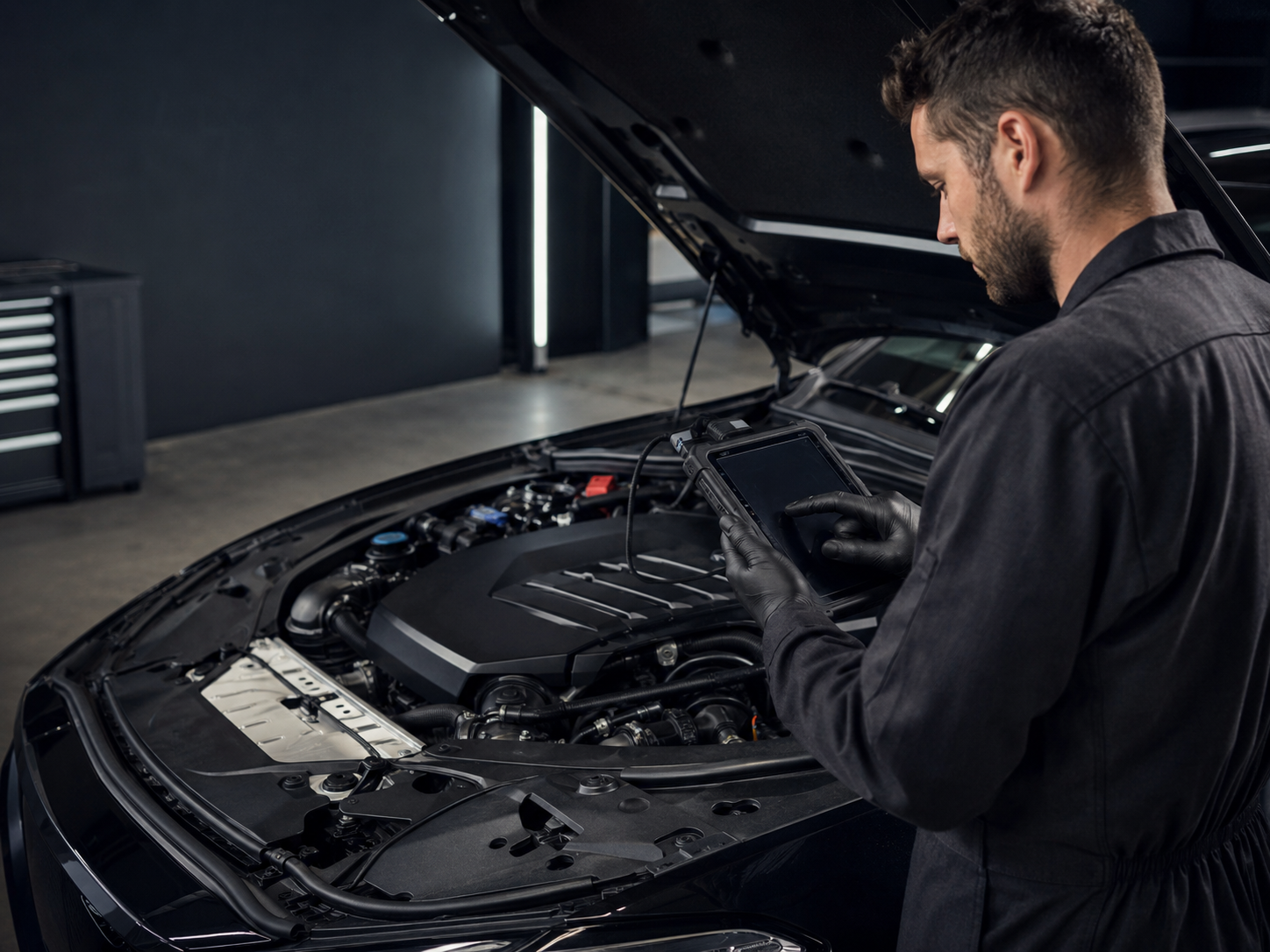 Geöffneter Motor mit sichtbaren Nockenwellen und Ventiltrieb in einer professionellen Werkstatt, geeignet für die BMW Motorinstandsetzung.