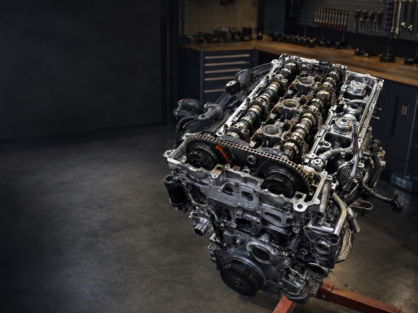 Freistehender Motorblock mit sichtbaren Zylindern auf einem roten Motorständer in einer modernen Kfz-Werkstatt, geeignet für die BMW Motorinstandsetzung.