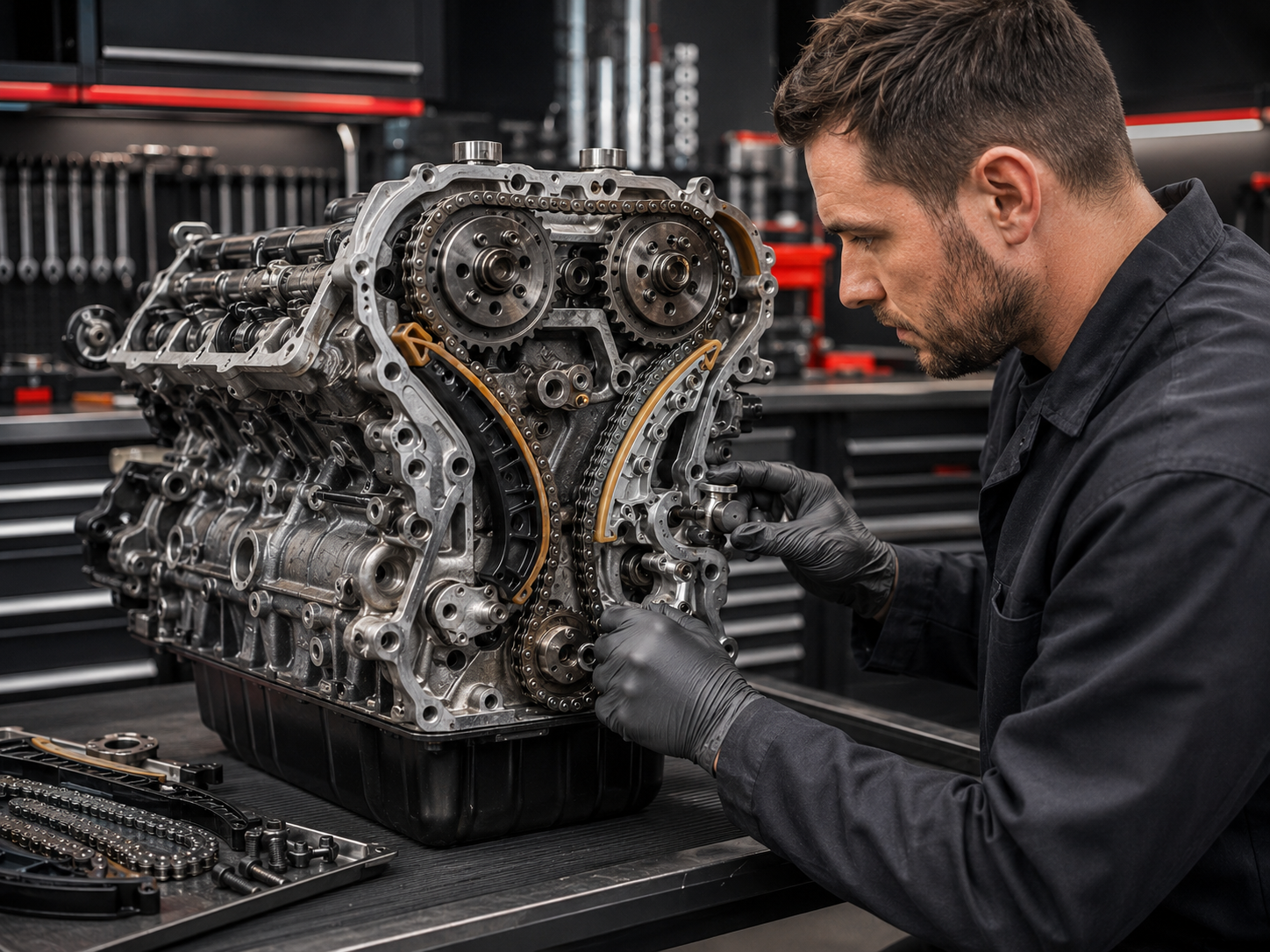 Mechaniker prüft den freigelegten Steuerkettentrieb eines BMW-Motors auf Verschleiß und Steuerkettenprobleme