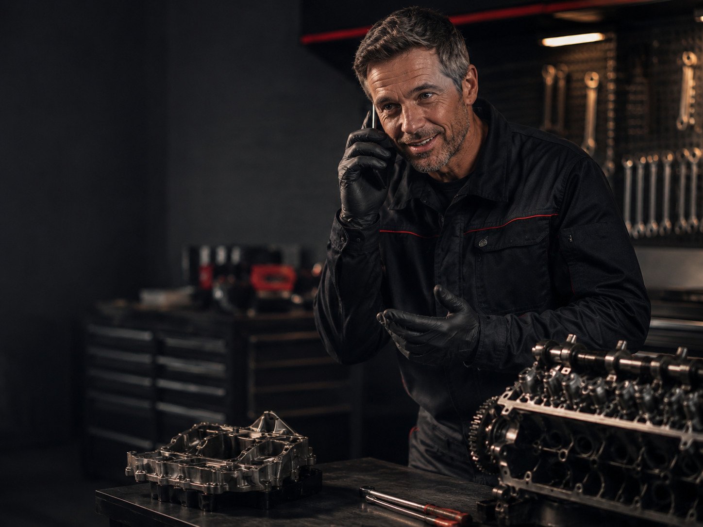 Kfz-Mechaniker berät einen Kunden telefonisch neben einem zerlegten Motor in der Werkstatt.