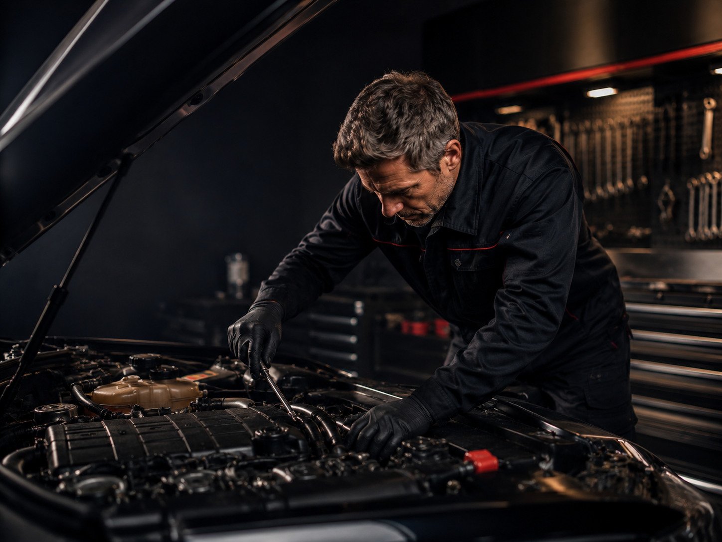 Kfz-Mechaniker untersucht den geöffneten Motorraum eines Fahrzeugs mit einem Werkzeug.