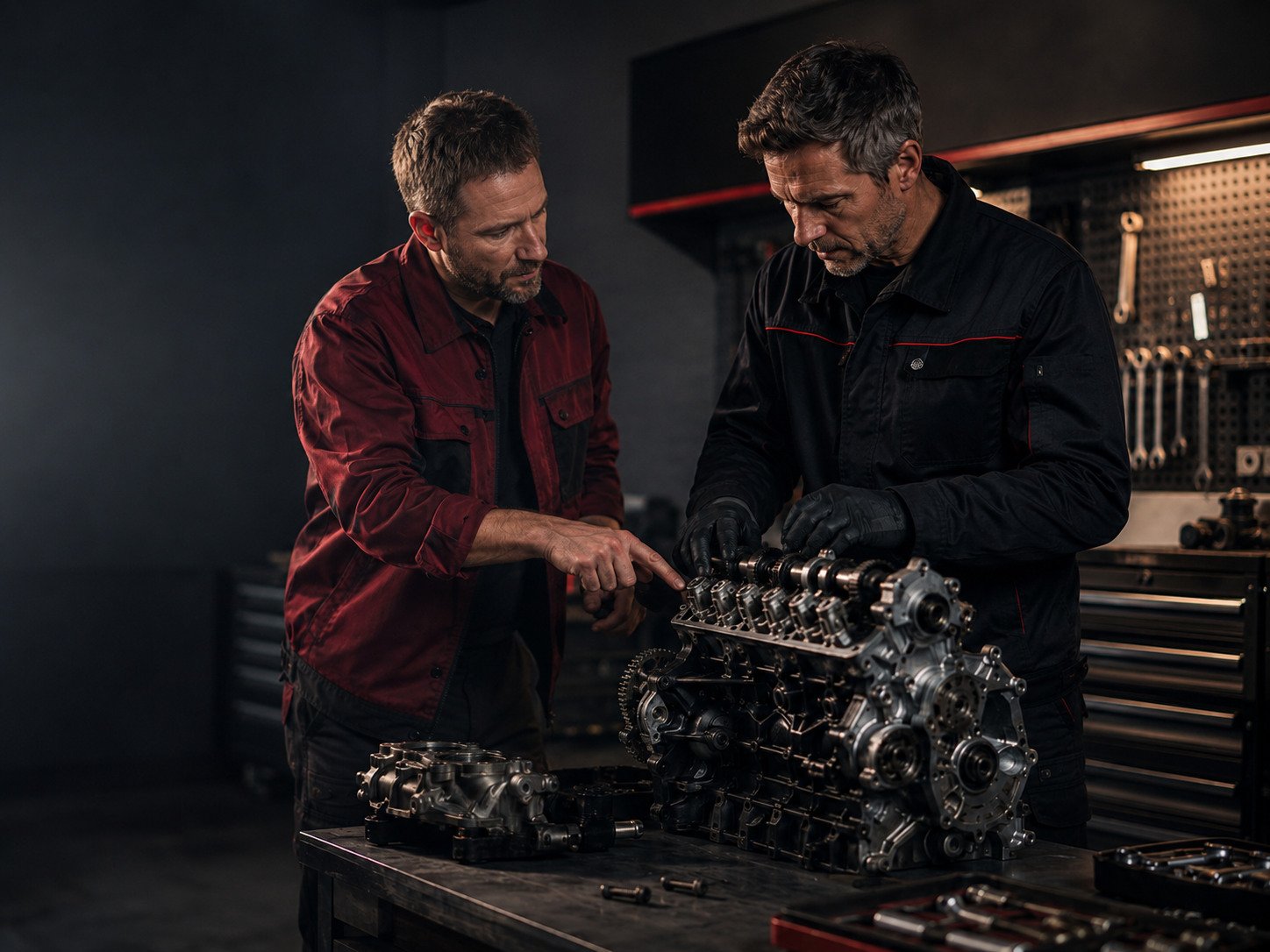 Zwei Kfz-Mechaniker prüfen gemeinsam Bauteile eines zerlegten Motors in der Werkstatt.