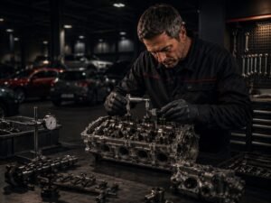 Mechaniker führt präzise Mess- und Prüfarbeiten an einem geöffneten Zylinderkopf in der Werkstatt durch.