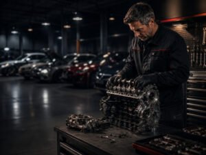 Kfz-Mechaniker arbeitet an einem Motor, während verschiedene Fahrzeuge in der Werkstatt stehen.