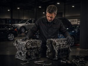 Mechaniker prüft zwei zerlegte Motoren in einer modernen Werkstatt mit mehreren Fahrzeugen im Hintergrund.
