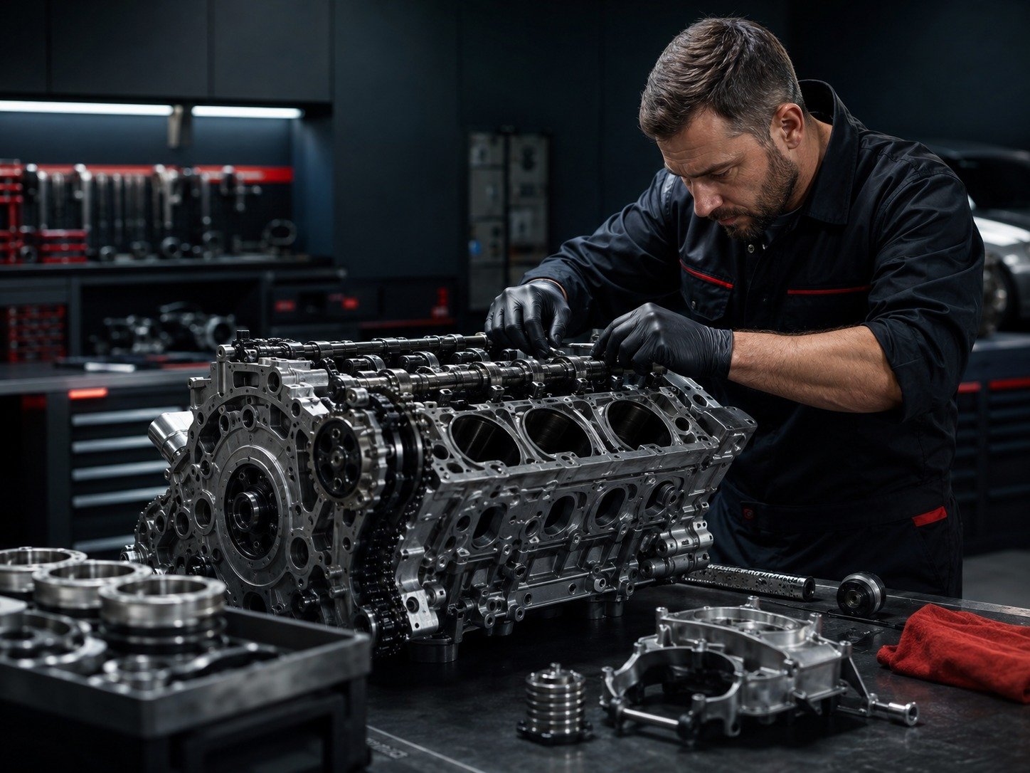 Mechaniker bei der fachgerechten Motorinstandsetzung an einem zerlegten Motorblock in der Werkstatt