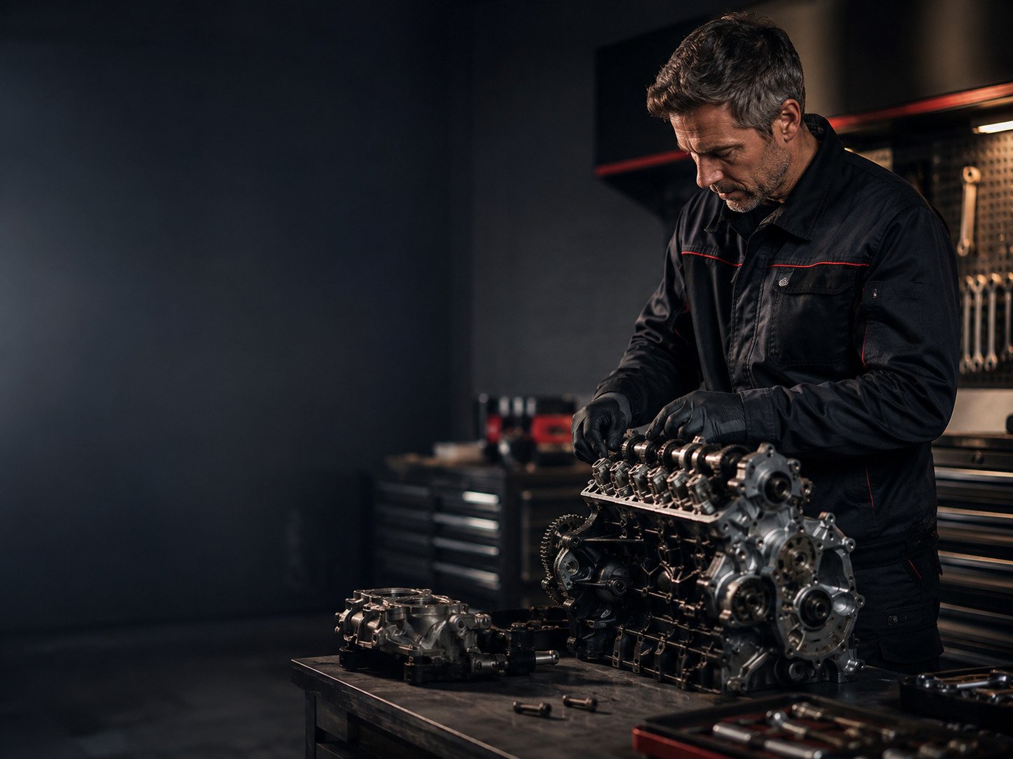 Kfz-Meister arbeitet in einer modernen Werkstatt präzise an einem zerlegten Motorblock.