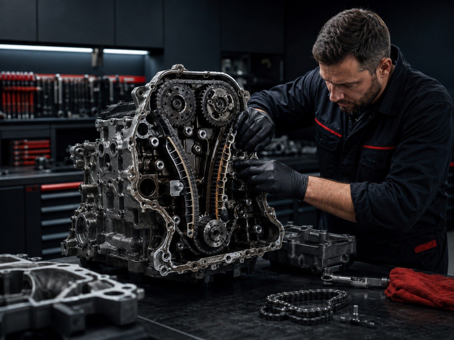 Mechaniker bei der präzisen Prüfung und Reparatur einer Steuerkette an einem geöffneten Motor