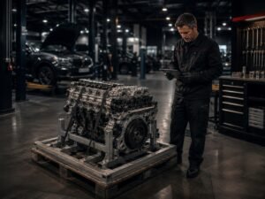 Mechaniker mit Tablet prüft einen Motor auf Transportgestell in einer modernen Kfz-Werkstatt.