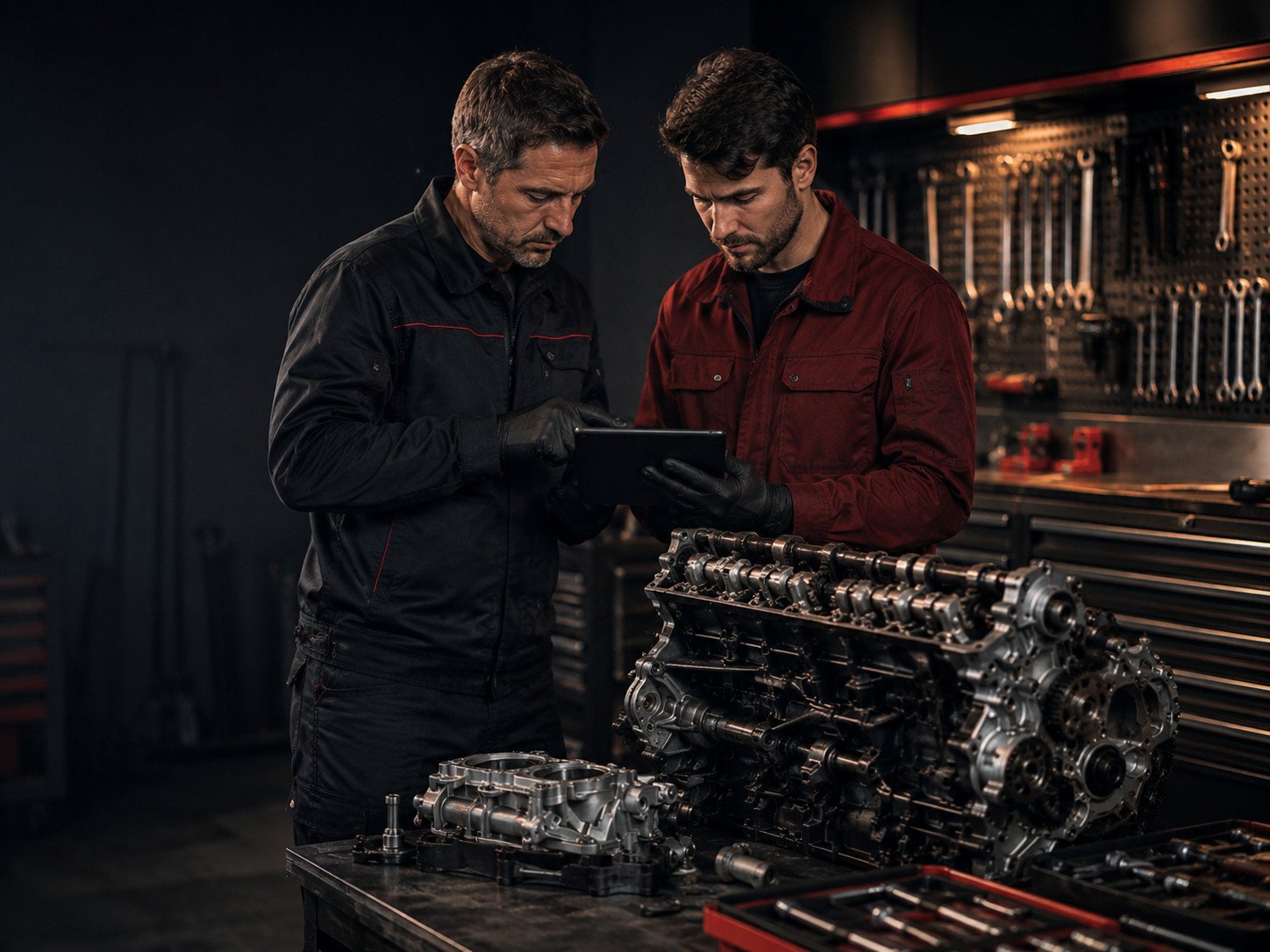 Zwei Kfz-Mechaniker besprechen die Motorreparatur anhand eines Tablets neben einem zerlegten Motor.