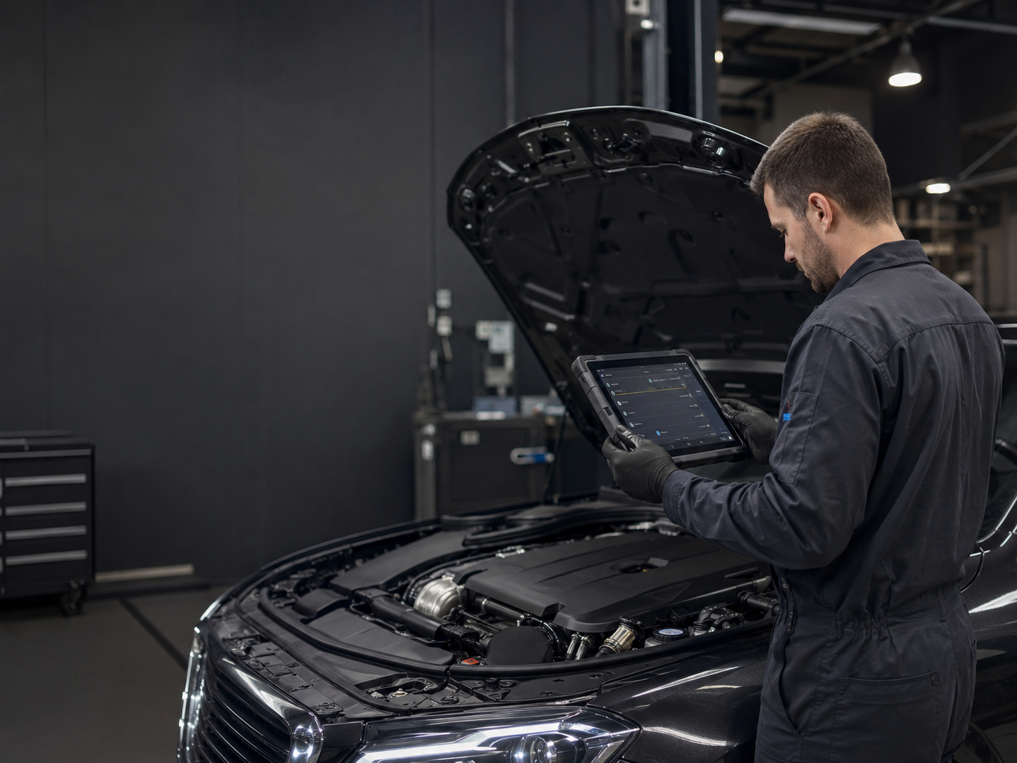 Kfz-Mechatroniker führt mit einem Diagnosetablet eine Motorprüfung im geöffneten Motorraum durch, geeignet für die Mercedes-Benz Motorinstandsetzung.