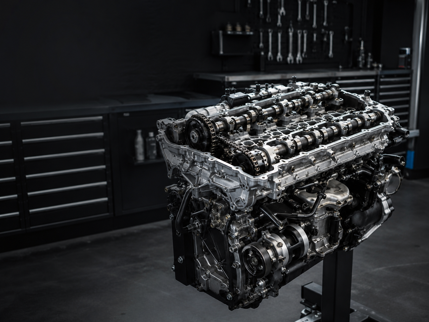 Teilzerlegter Motor mit sichtbaren Nockenwellen und Steuertrieb in einer professionellen Werkstatt, geeignet für die Mercedes-Benz Motorinstandsetzung.