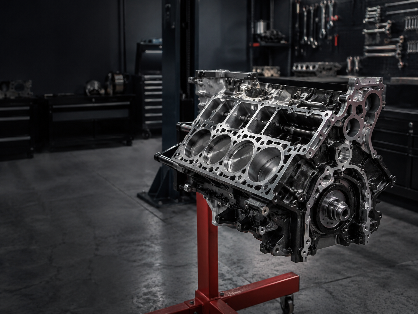 Motorblock mit sichtbaren Zylindern und Kolben auf einem Motorständer in einer professionellen Kfz-Werkstatt, geeignet für die Mercedes-Benz Motorinstandsetzung.