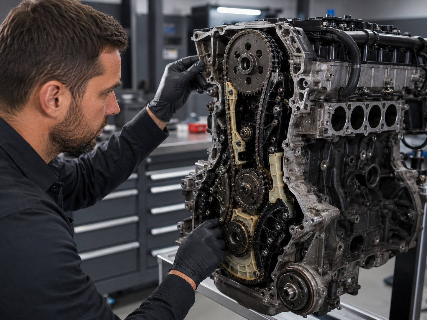 Mechaniker prüft den geöffneten Steuerkettentrieb eines Mercedes-Benz Motors in der Werkstatt