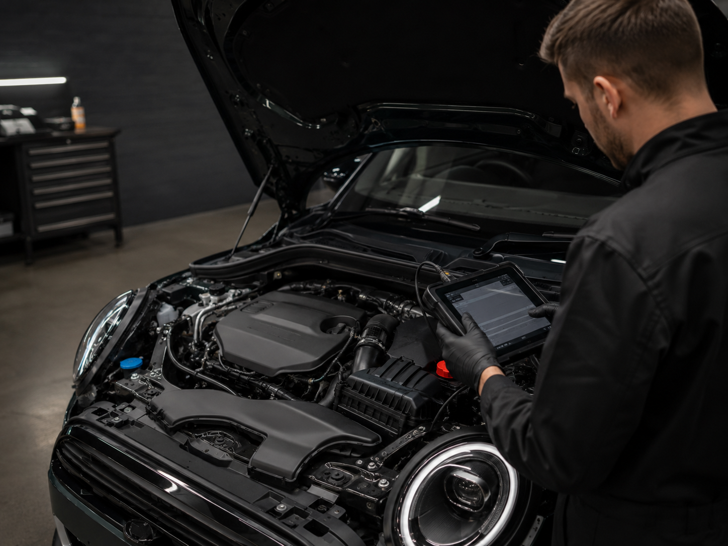 Kfz-Mechatroniker prüft mit einem Diagnosetablet den geöffneten Motorraum eines kompakten Fahrzeugs bei der MINI Motorinstandsetzung.