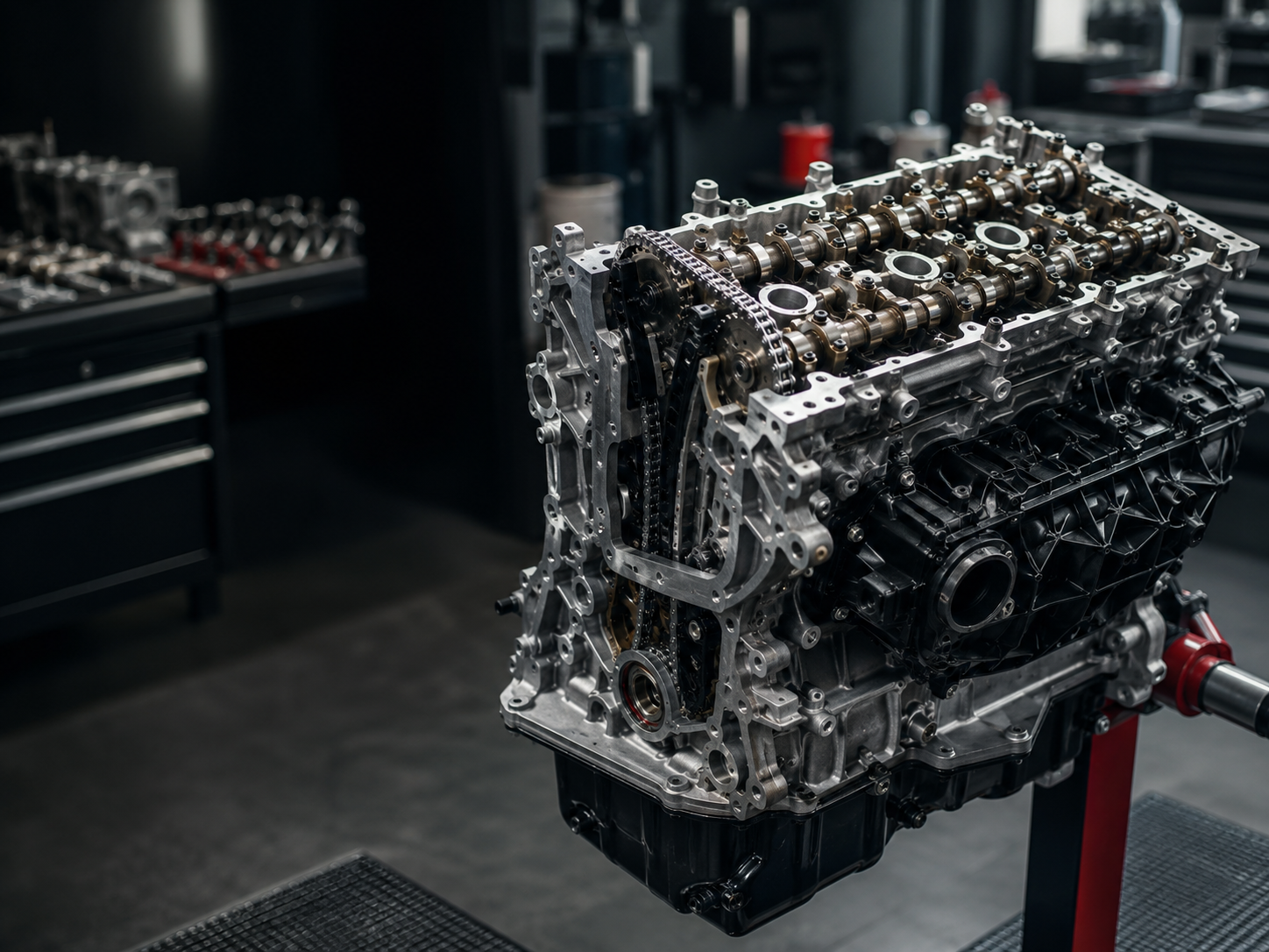 Kompakter Motorblock mit sichtbaren Zylindern und Kolben auf einem Motorständer in einer modernen Werkstatt, geeignet für die MINI Motorinstandsetzung.