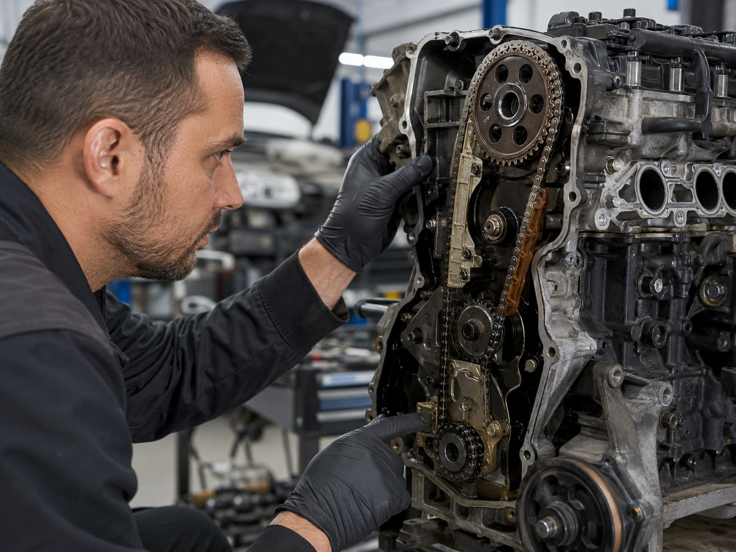 Mechaniker prüft den freigelegten Steuerkettentrieb eines MINI-Motors auf Verschleiß und sichtbare Steuerkettenprobleme