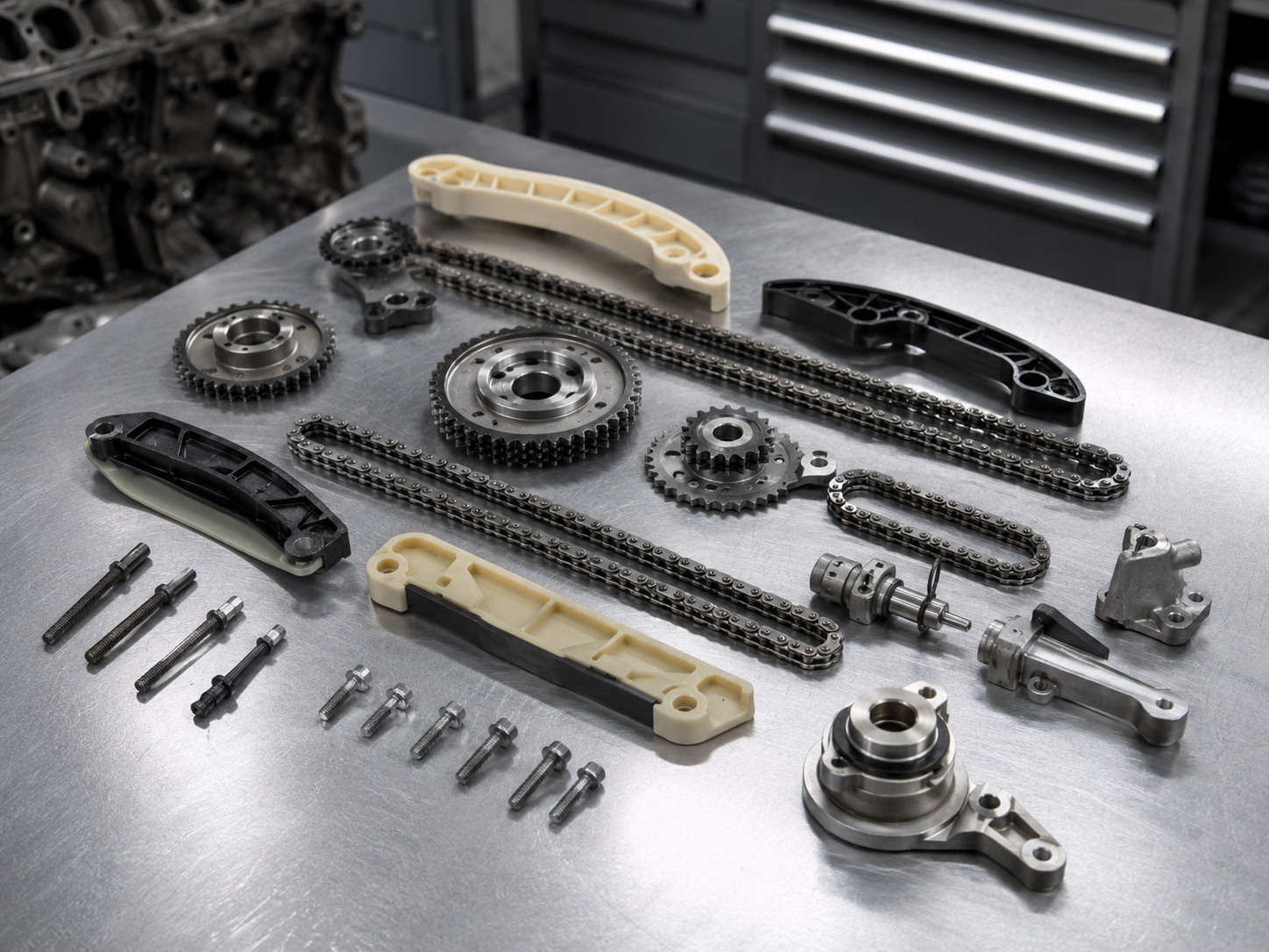 Mechaniker prüft die Steuerzeiten und den geöffneten Kettentrieb eines MINI-Motors mit einem Messgerät in der Werkstatt